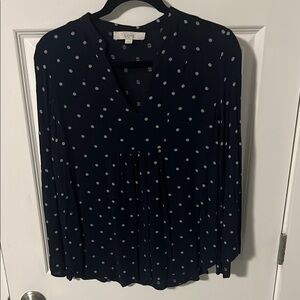 LOFT Blue Pleated Blouse with Notched Collar